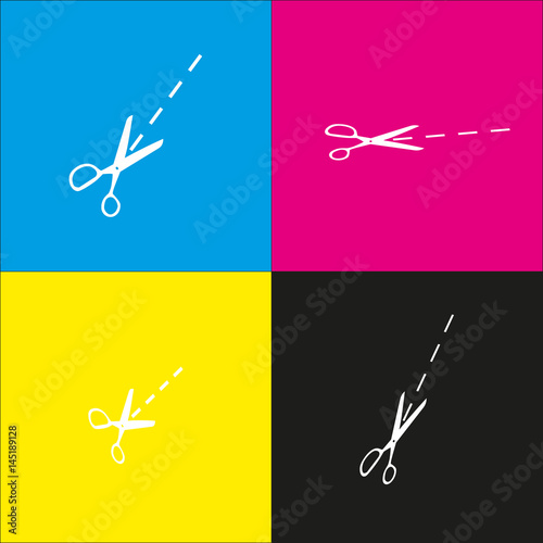 Scissors sign illustration. Vector. White icon with isometric projections on cyan, magenta, yellow and black backgrounds.