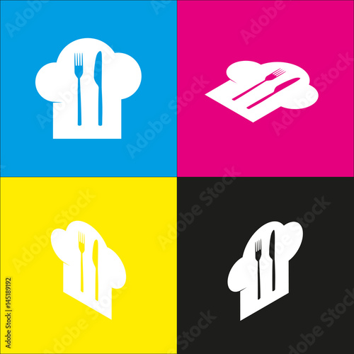 Chef hat and spoon, fork, knife sign. Vector. White icon with isometric projections on cyan, magenta, yellow and black backgrounds.