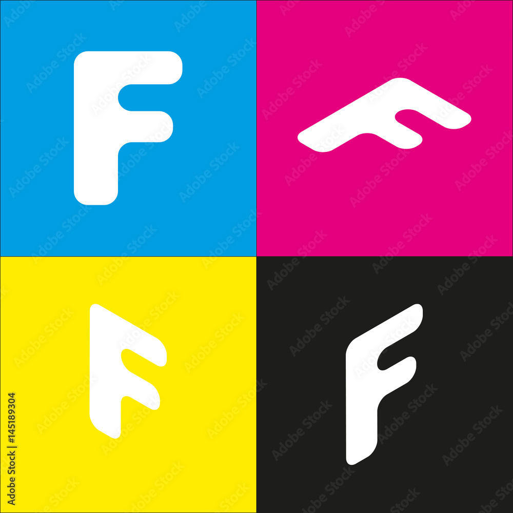 Letter F sign design template element. Vector. White icon with isometric projections on cyan, magenta, yellow and black backgrounds.