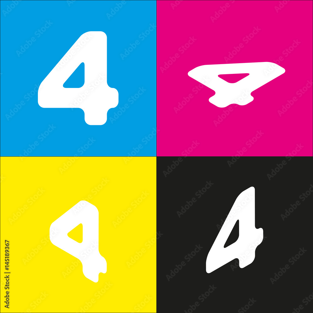Number 4 sign design template element. Vector. White icon with isometric projections on cyan, magenta, yellow and black backgrounds.