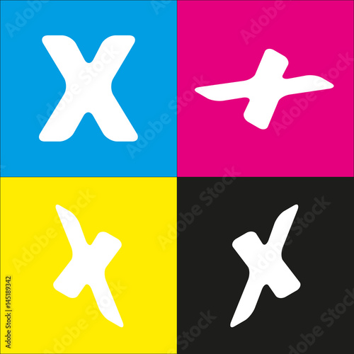 Letter X sign design template element. Vector. White icon with isometric projections on cyan, magenta, yellow and black backgrounds.
