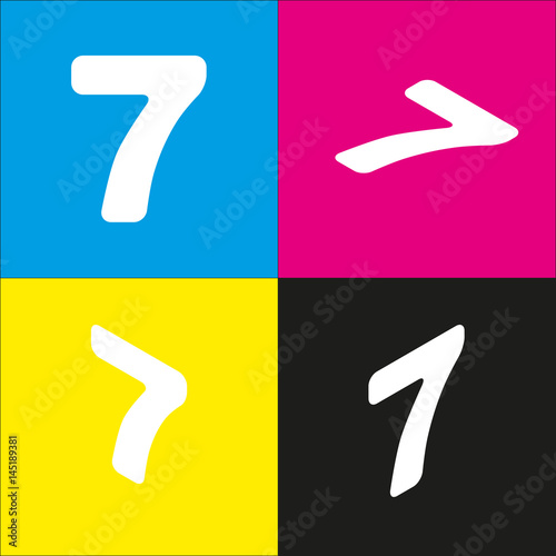 Number 7 sign design template element. Vector. White icon with isometric projections on cyan, magenta, yellow and black backgrounds.