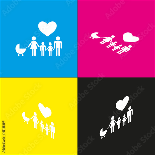 Family sign with heart. Husband and wife are kept children's hands. Vector. White icon with isometric projections on cyan, magenta, yellow and black backgrounds.