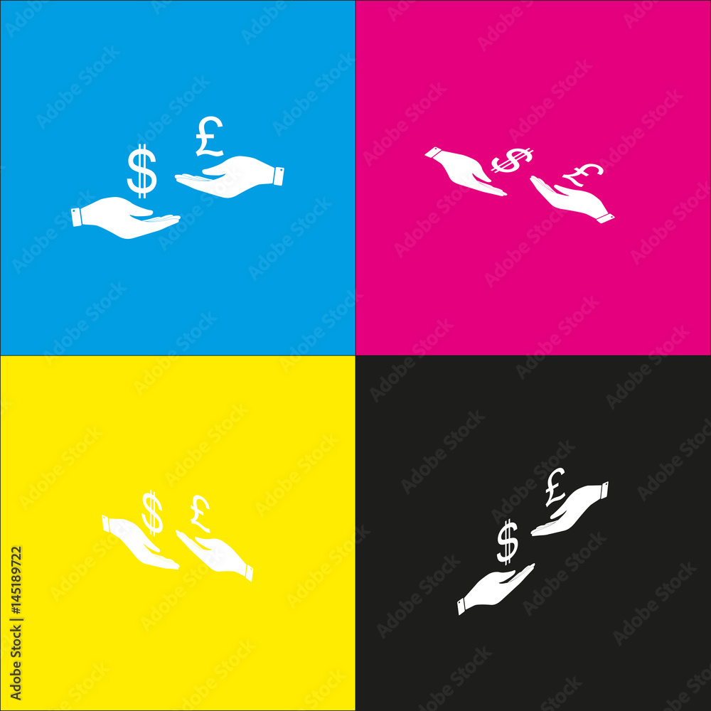 Currency exchange from hand to hand. Dollar and Pound. Vector. White icon with isometric projections on cyan, magenta, yellow and black backgrounds.