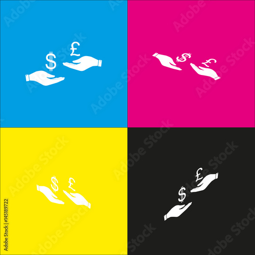 Currency exchange from hand to hand. Dollar and Pound. Vector. White icon with isometric projections on cyan, magenta, yellow and black backgrounds.