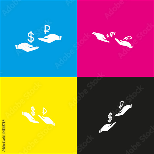 Currency exchange from hand to hand. Dollar and Ruble. Vector. White icon with isometric projections on cyan, magenta, yellow and black backgrounds.