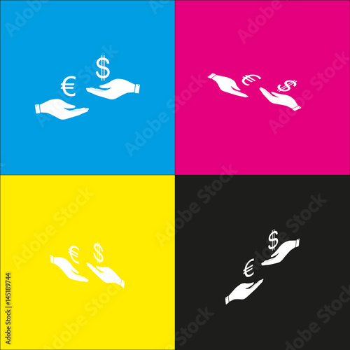 Currency exchange from hand to hand. Euro and Dollar. Vector. White icon with isometric projections on cyan, magenta, yellow and black backgrounds.