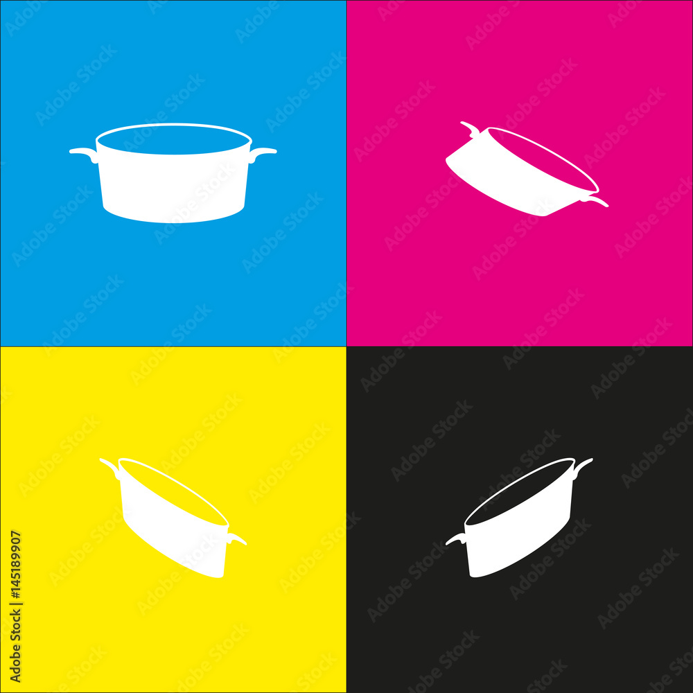 Pan sign. Vector. White icon with isometric projections on cyan, magenta, yellow and black backgrounds. Pan sign. Vector. White icon with isometric projections on cyan, magenta, yellow and black backgrounds.