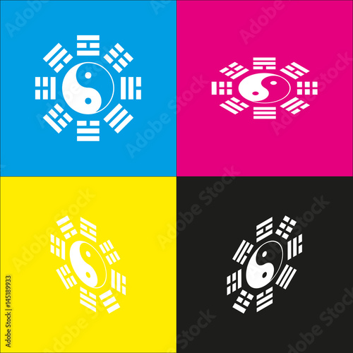 Yin and yang sign with bagua arrangement. Vector. White icon with isometric projections on cyan, magenta, yellow and black backgrounds.