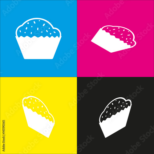 Cupcake sign. Vector. White icon with isometric projections on cyan, magenta, yellow and black backgrounds.