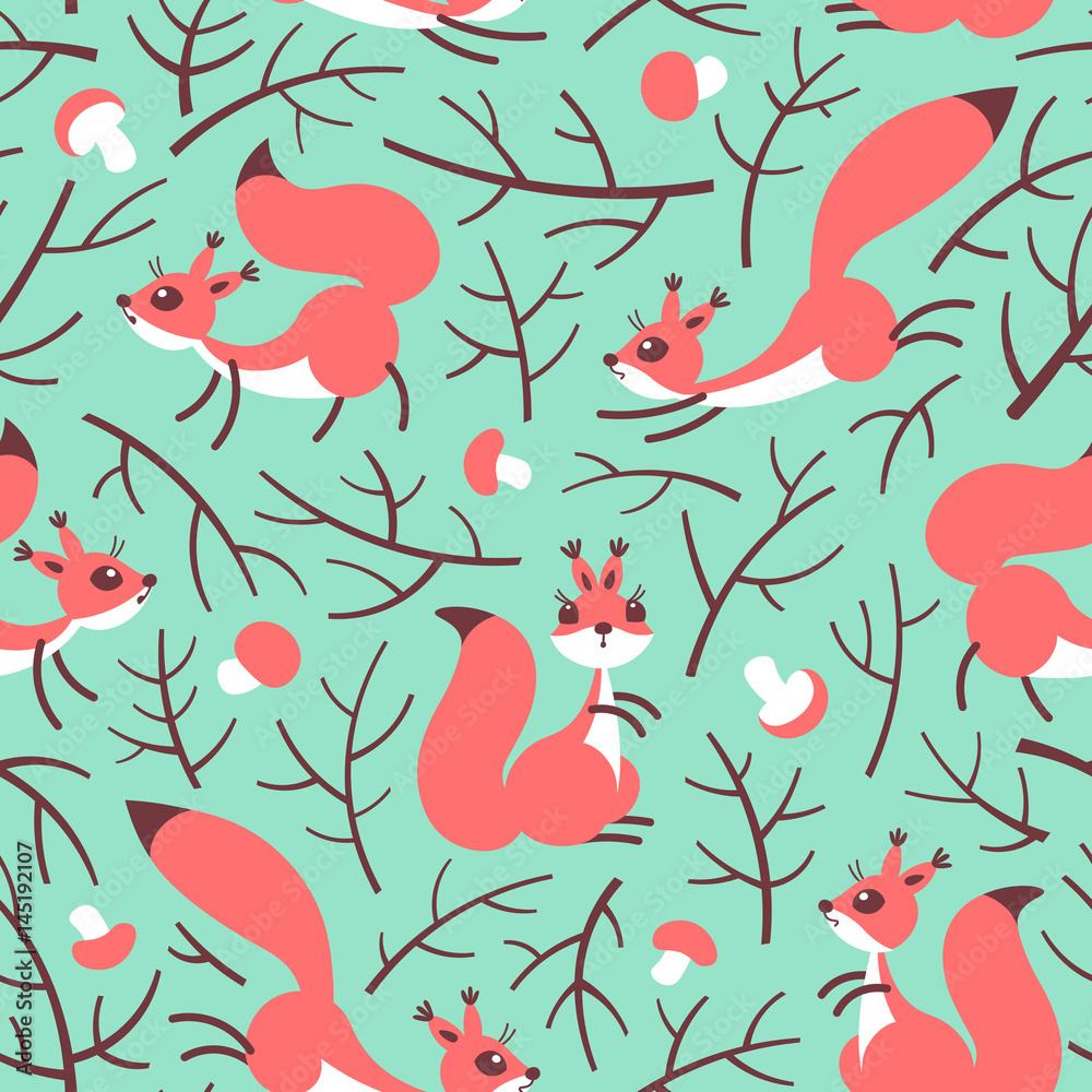 Obraz premium Little cute squirrels in the fall forest. Seamless autumn pattern for gift wrapping, wallpaper, childrens room or clothing.