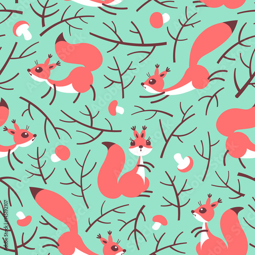 Little cute squirrels in the fall forest. Seamless autumn pattern for gift wrapping, wallpaper, childrens room or clothing.
