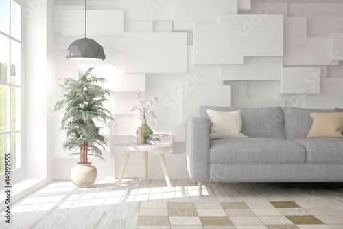 White modern room with sofa. Scandinavian interior design. 3D illustration