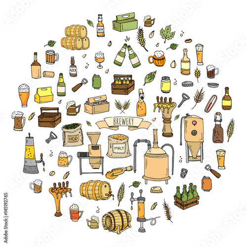 Hand drawn doodle set of Brewery icons. Vector illustration set. Cartoon Craft Beer production symbols. Sketchy brewing elements collection: pub equipment, malt, hop, glass, barrel, mill, beer tap.