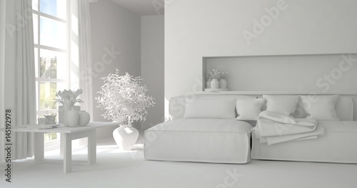 White room with sofa. Scandinavian interior design. 3D illustration