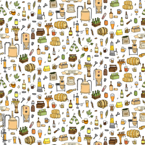 Seamless pattern Hand drawn doodle set of Brewery icons. Vector illustration set. Cartoon Craft Beer production symbols. Sketchy brewing elements collection: pub equipment, malt, hop, glass, barrel