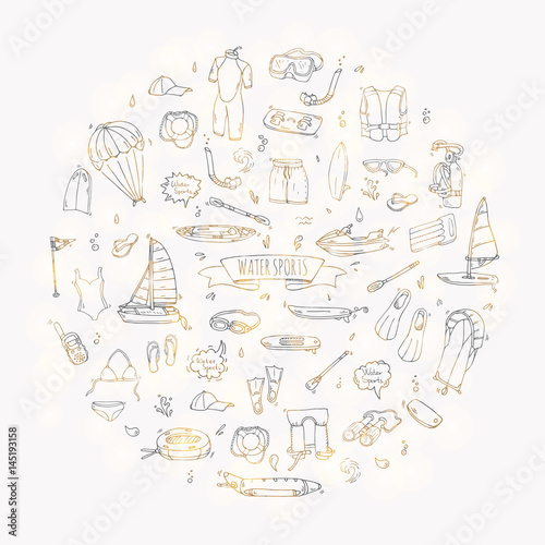 Hand drawn doodle Water sports icons set. Vector illustration, isolated symbols collection, Cartoon various elements: jetski, wakeboard, waterski, surfing, kayak, kitesurfing, paddle, parasailing