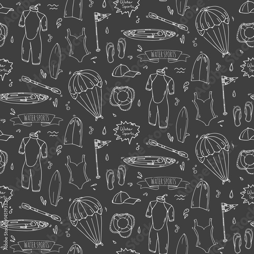 Seamless pattern hand drawn doodle Water sports icon set. Vector illustration Symbols collection Cartoon various elements: jetski, wakeboard, waterski, surfing, kayak, kitesurfing, paddle, parasailing