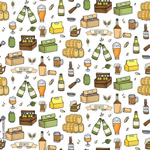 Seamless pattern Hand drawn doodle set of Brewery icons. Vector illustration set. Cartoon Craft Beer production symbols. Sketchy brewing elements collection: pub equipment, malt, hop, glass, barrel