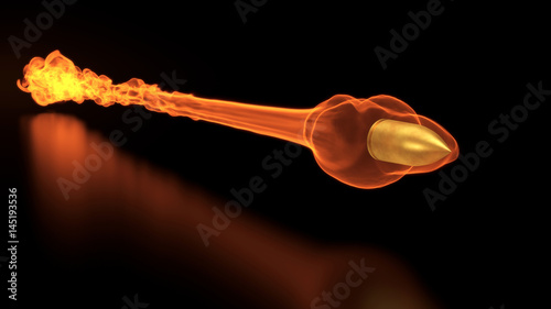 3d illustration of a flying bullet with fire trail