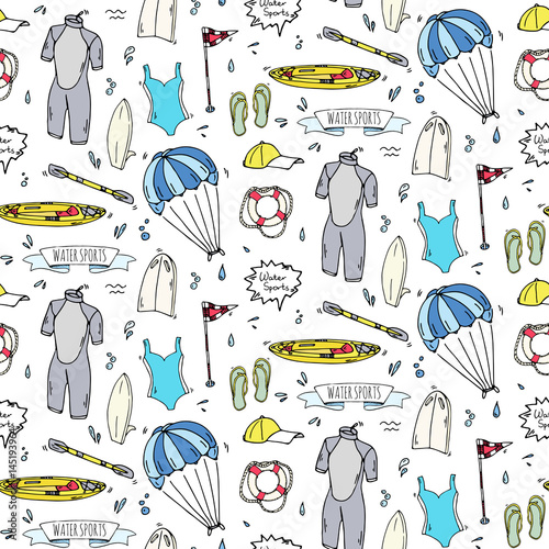 Seamless pattern hand drawn doodle Water sports icon set. Vector illustration Symbols collection Cartoon various elements: jetski, wakeboard, waterski, surfing, kayak, kitesurfing, paddle, parasailing