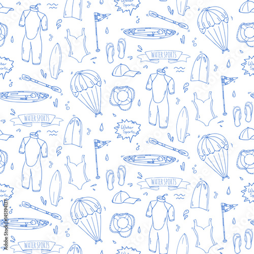Seamless pattern hand drawn doodle Water sports icon set. Vector illustration Symbols collection Cartoon various elements: jetski, wakeboard, waterski, surfing, kayak, kitesurfing, paddle, parasailing