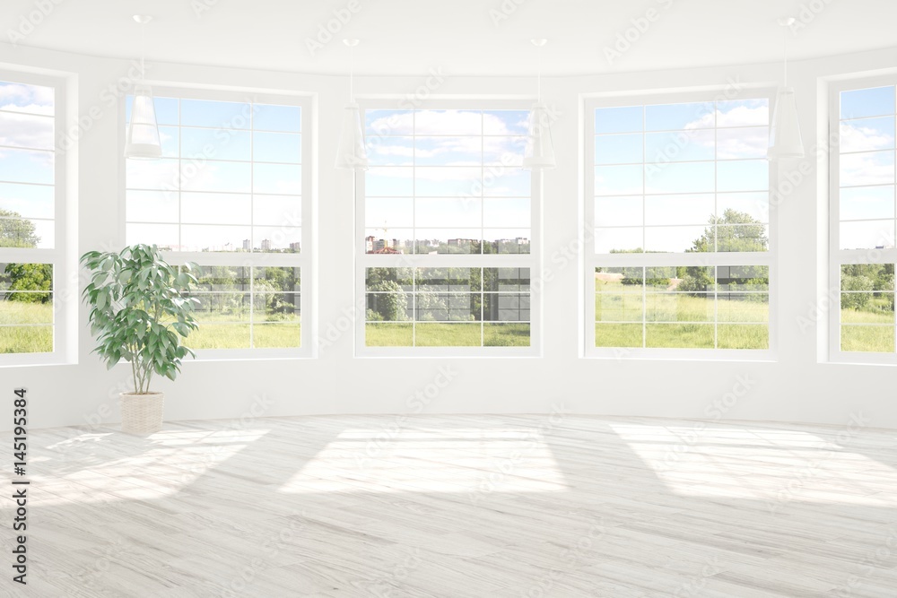 White empty room with green landscape in window. Scandinavian interior design. 3D illustration White empty room with green landscape in window. Scandinavian interior design. 3D illustration