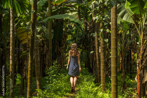 Young woman in the jungle in tropical spice plantation, Goa, India