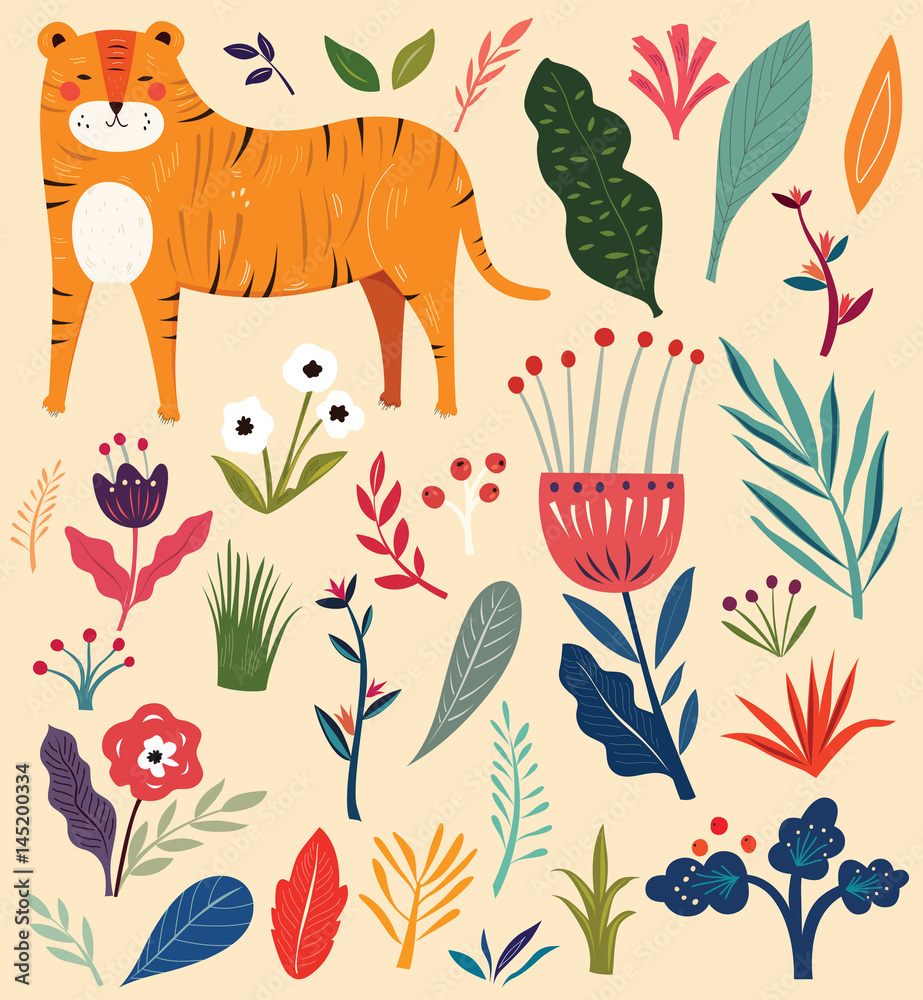 Vector illustration with tiger and flowers Vector illustration with tiger and flowers