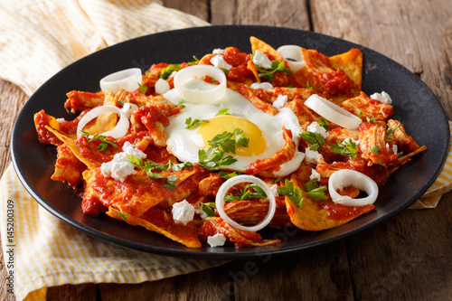 Mexican nachos with tomato salsa, chicken and egg close-up. horizontal photo