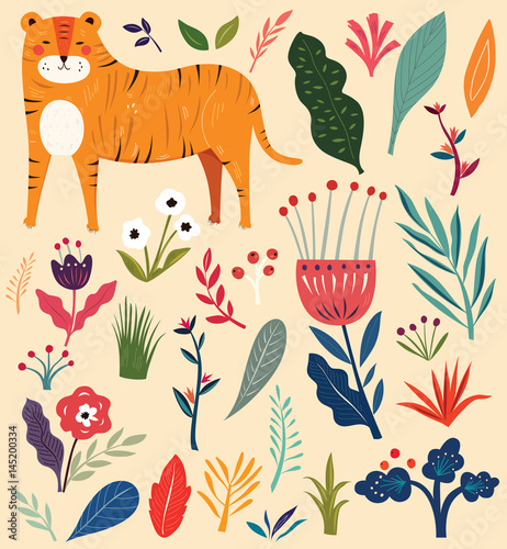Vector illustration with tiger and flowers
