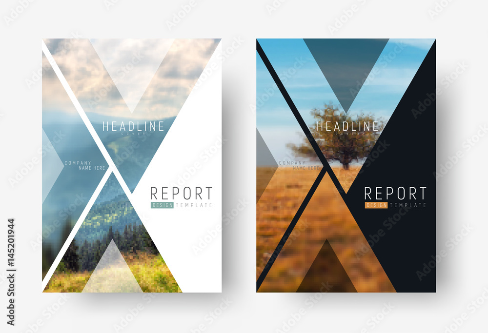 Cover template for a report in a minimalistic style with triangular design elements for a photo.