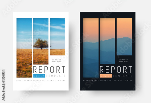 set of white and black report covers with a landscape and mountains in a minimalist style