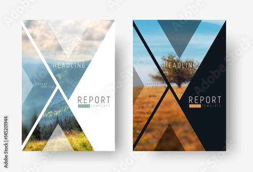 Cover template for a report in a minimalistic style with triangular design elements for a photo.