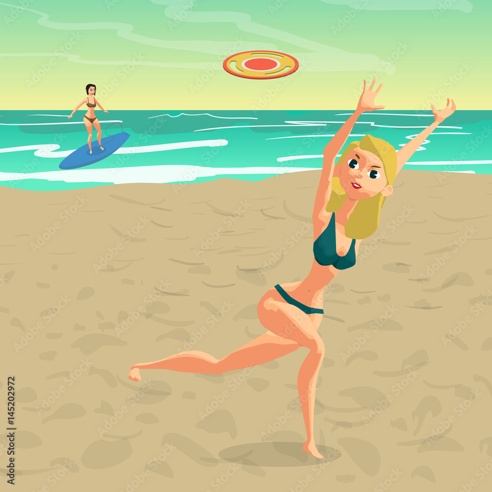 A young woman is playing in a flying disk at the beach. A girl i A young woman is playing in a flying disk at the beach. A girl i