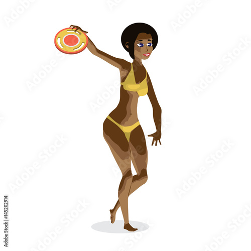 A young afro woman is playing in a frisbee at the beach. A girl 