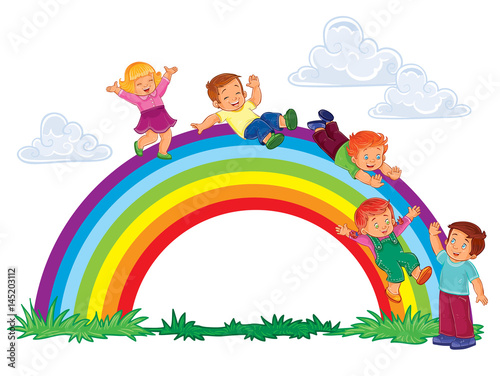 illustration of a carefree young children slide down the rainbow