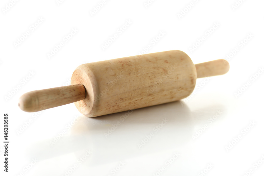 Wooden rolling pin on white background,kitchen utensil