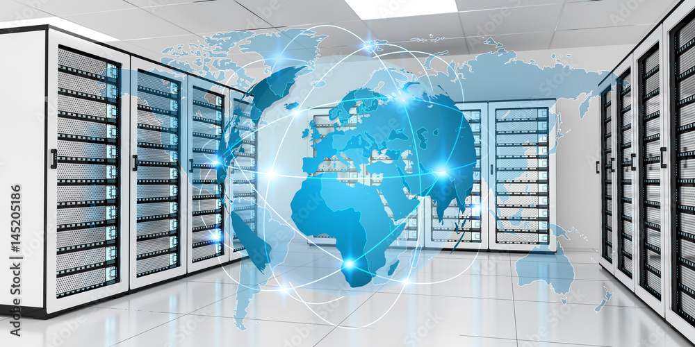 Obraz premium Earth network flying over server room data center 3D rendering