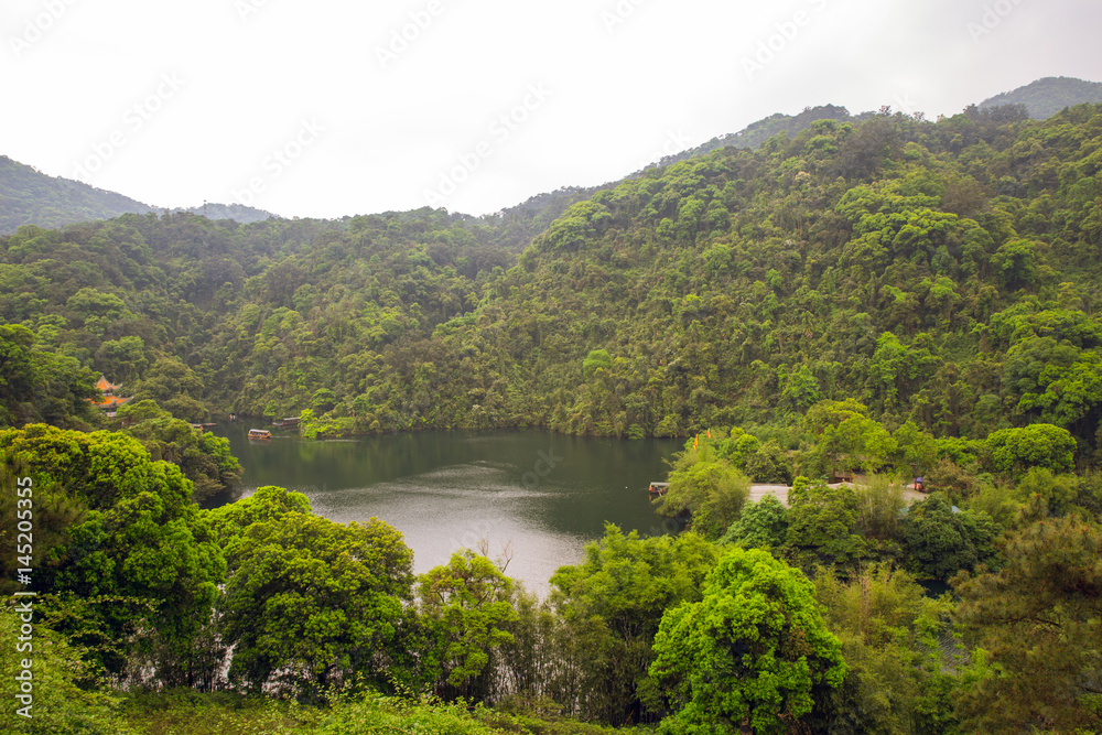 Lake in tropical forest aerial view