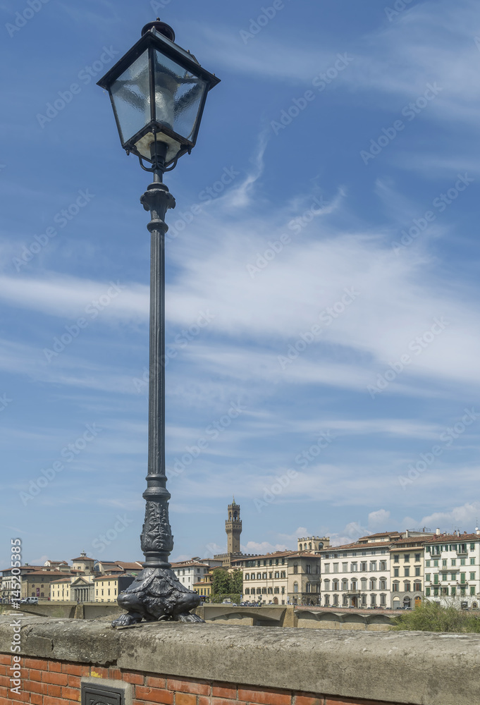 Vertical view of the historic center of Florence, Italy, from the Lungarno Serristori, on a sunny day