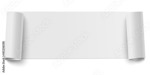 Vector oblong horizontal roll of white sticky paper with rolled both its ends with space for text isolated on white background. Template paper design for banner, ad and other aims.