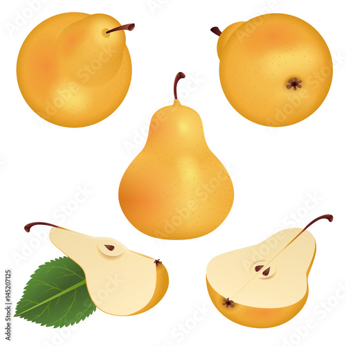 Yellow pear from different sides. Isolated on white background.