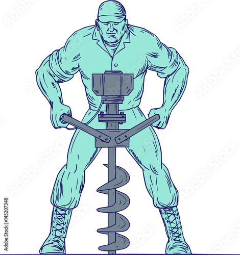Construction Worker Earth Auger Boring Hole Drawing