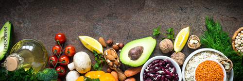 Balanced diet. Organic food for healthy nutrition. Long banner format.