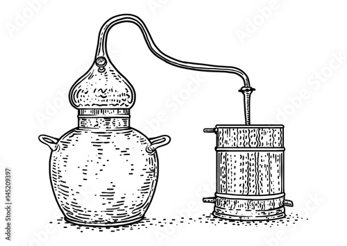 Alcohol distiller illustration, drawing, engraving, ink, line art, vector