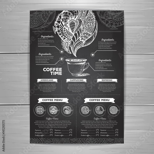 Chalk drawing. Coffee menu design. Decorative sketch of cup of coffee or tea