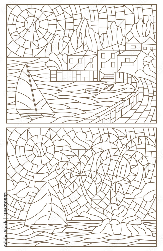 Obraz premium Set contour illustrations of stained glass with aquatic landscapes