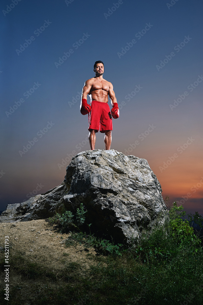 Fototapeta premium Young muscular male fighter wearing boxing gloves standing in a stance on a rock outdoors on sunset copyspace people lifestyle sports athletics sportsman fitness muscles combat martial fighting.
