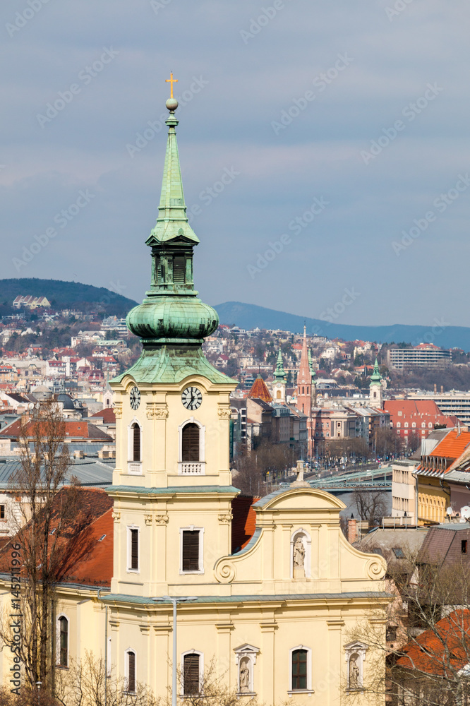 Saint Catherine of Alexandria Church and Buda bank of Danube, view from Gellert hill in Budapest, Hungary. Alexandriai Szent Katalin templom